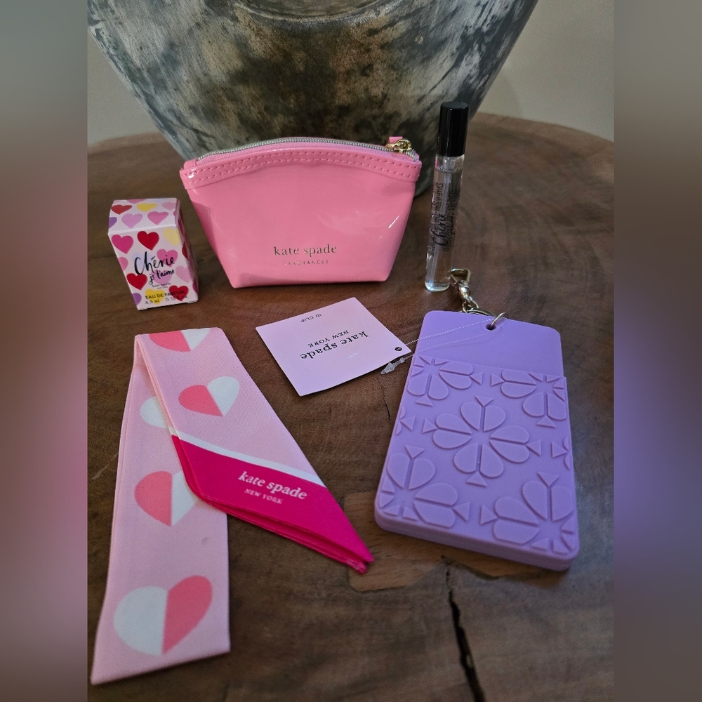 5pcs Kate Spade Bundle Twilly, Pink Pouch, Purple ID/ CC Holder & 2 Mini Parfums